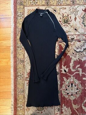 Forever 21 Black Ribbed Long Sleeve Dress with Zip Accent